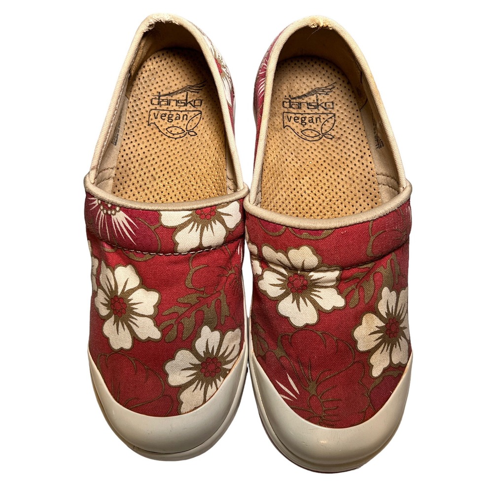 Dansko Vegan Volley‎ Hawaiian Floral Canvas Clogs Sz 36 Faded Red White